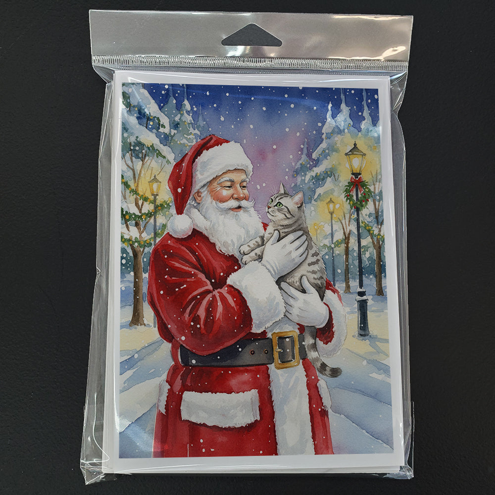 Silver Classic Tabby Cat with Santa Claus Greeting Cards Pack of 8 Blank Cards with Envelopes Whimsical A7 Size 5x7