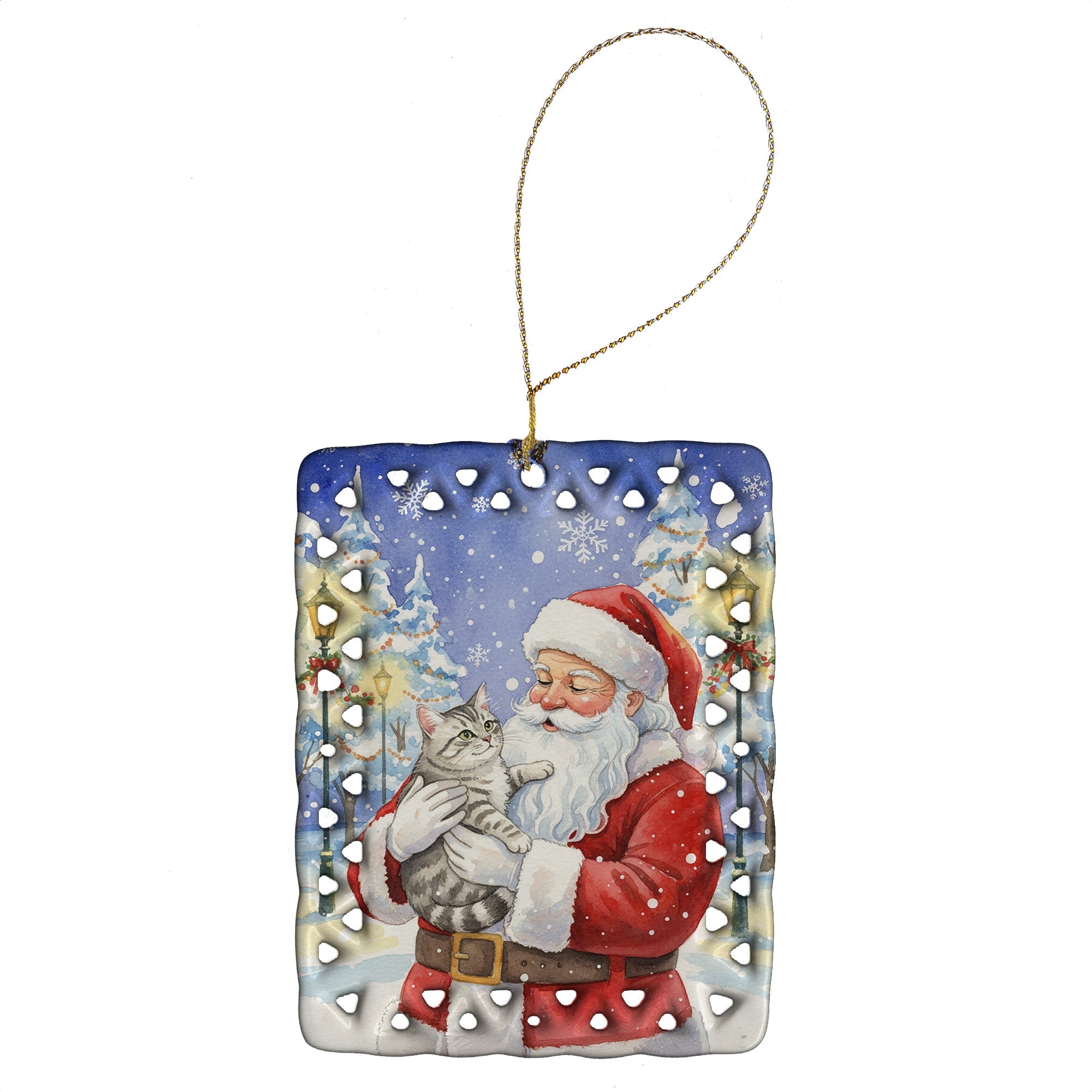 Silver Mackerel Tabby Cat with Santa Claus Porcelain Ornament Christmas Tree Hanging Decorations for Home Christmas Holiday, Rectangle, Gift, Multicolor