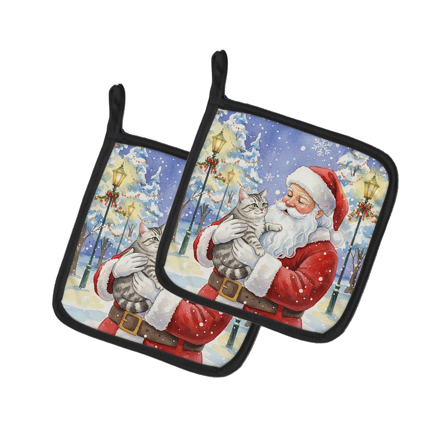 Silver Mackerel Tabby Cat with Santa Claus Pot Holder Set of 2 Heat Resistant Quilted Hot Pads 7.5 x 7.5 Inch, Insulated Kitchen Trivets for Cooking & Baking
