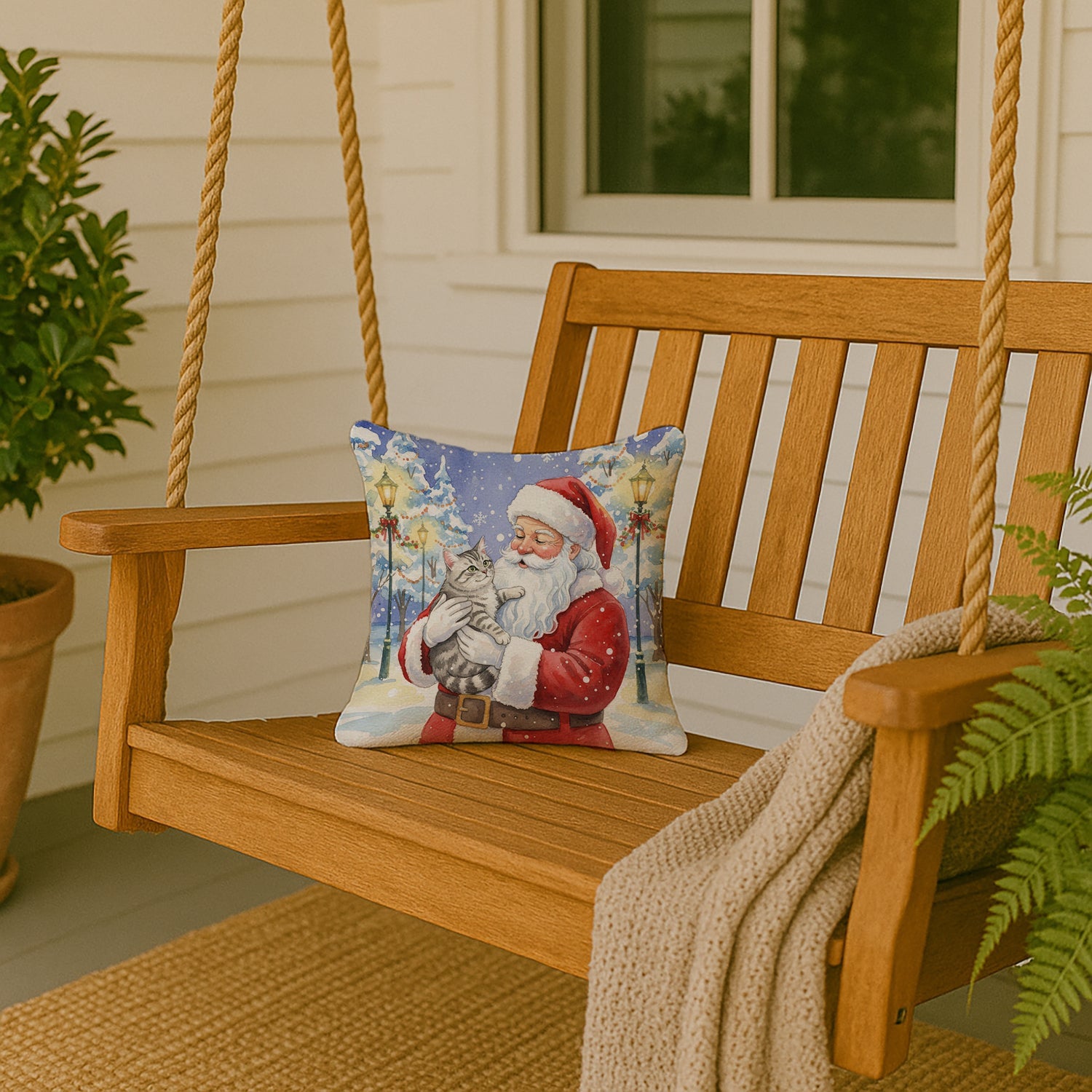 Silver Mackerel Tabby Cat with Santa Claus Decorative Throw Pillow 14x14 Indoor Outdoor Accent Cushion, Fabric Cover with Insert for Sofa, Bed, Porch & Living Room