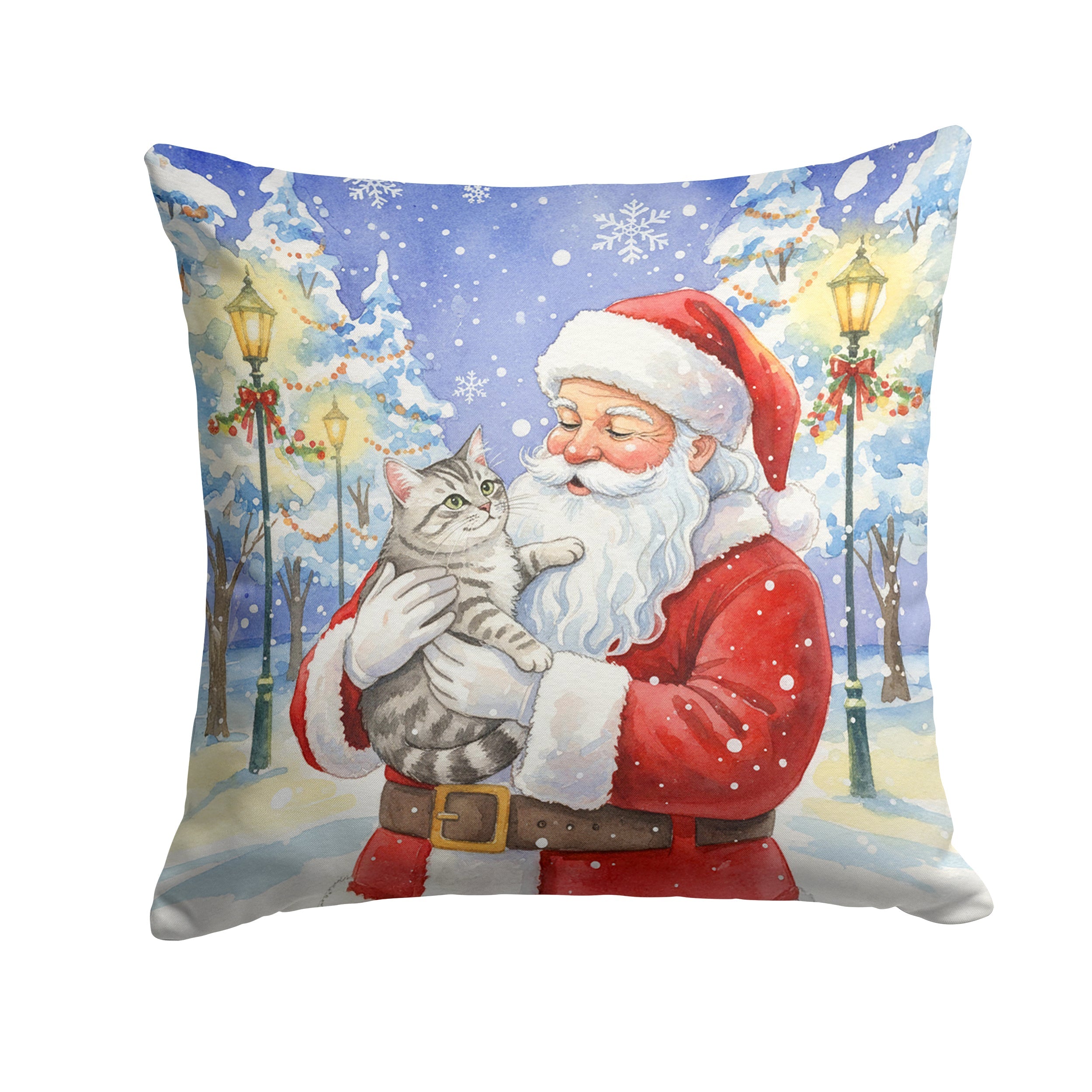 Silver Mackerel Tabby Cat with Santa Claus Decorative Throw Pillow 18x18 Indoor Outdoor Accent Cushion, Fabric Cover with Insert for Sofa, Bed, Porch & Living Room