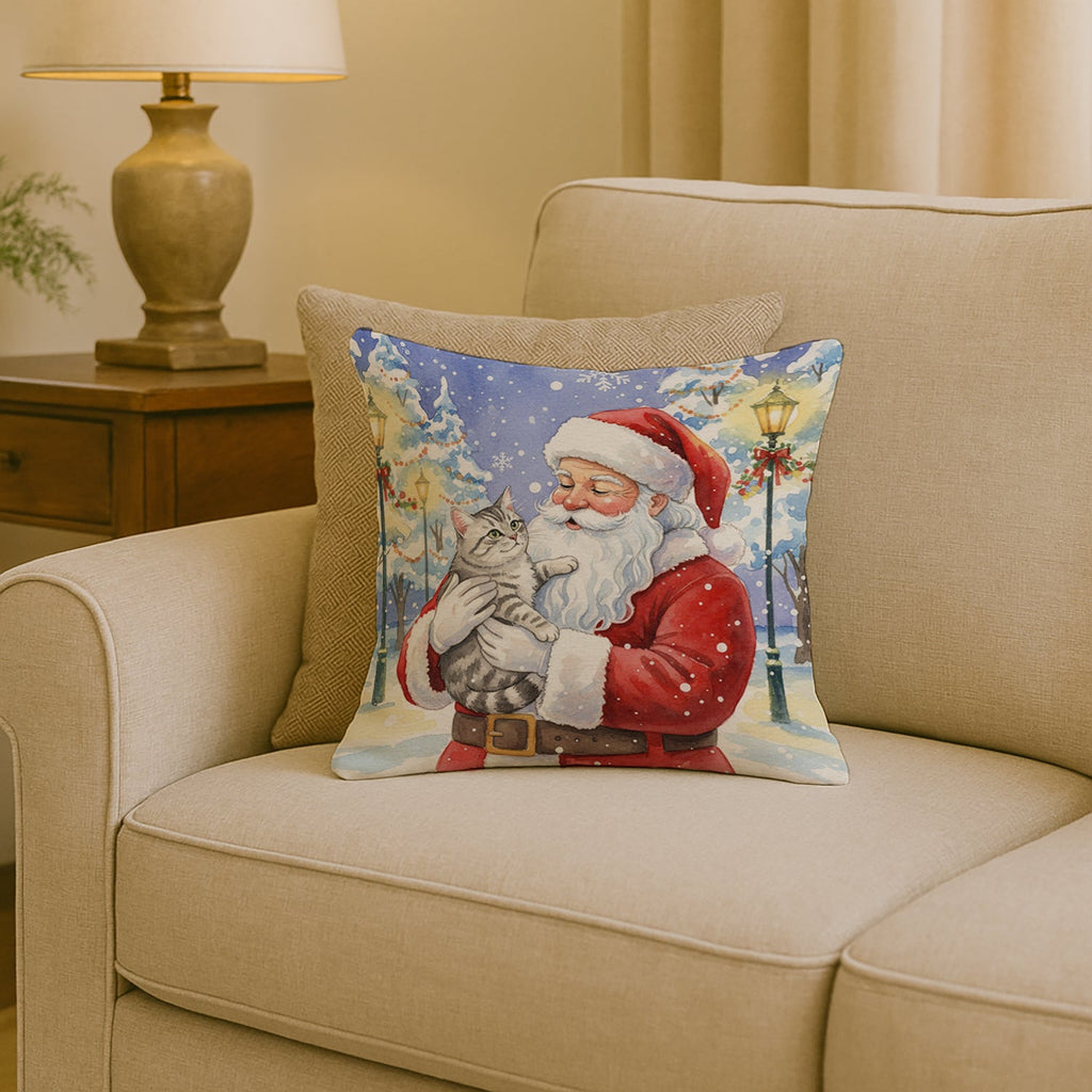 Silver Mackerel Tabby Cat with Santa Claus Decorative Throw Pillow 18x18 Indoor Outdoor Accent Cushion, Fabric Cover with Insert for Sofa, Bed, Porch & Living Room