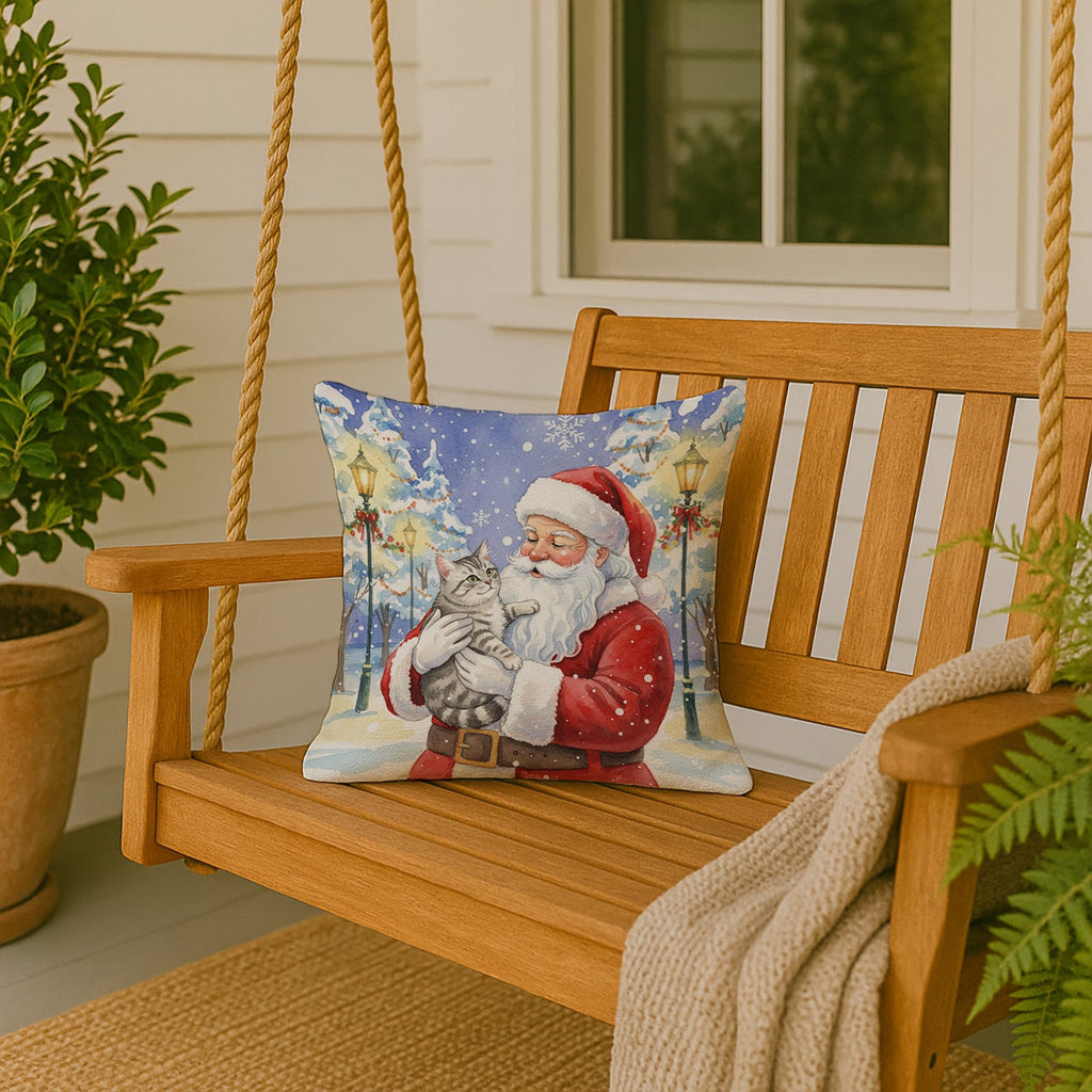 Silver Mackerel Tabby Cat with Santa Claus Decorative Throw Pillow 18x18 Indoor Outdoor Accent Cushion, Fabric Cover with Insert for Sofa, Bed, Porch & Living Room