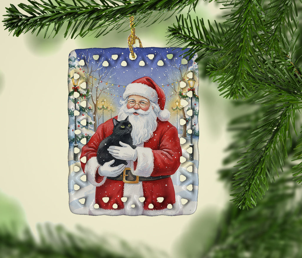 Black Cat with Santa Claus Porcelain Ornament Christmas Tree Hanging Decorations for Home Christmas Holiday, Rectangle, Gift, Multicolor