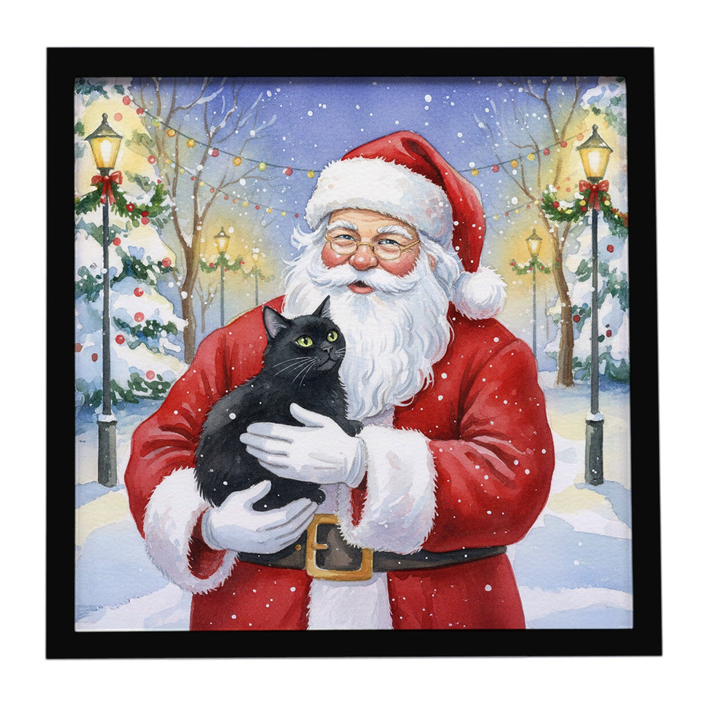 Black Cat with Santa Claus Framed Metal Print Bathroom, Kitchen, Office, Home Decor Wall Art Ready to Hang, Square, 8X8
