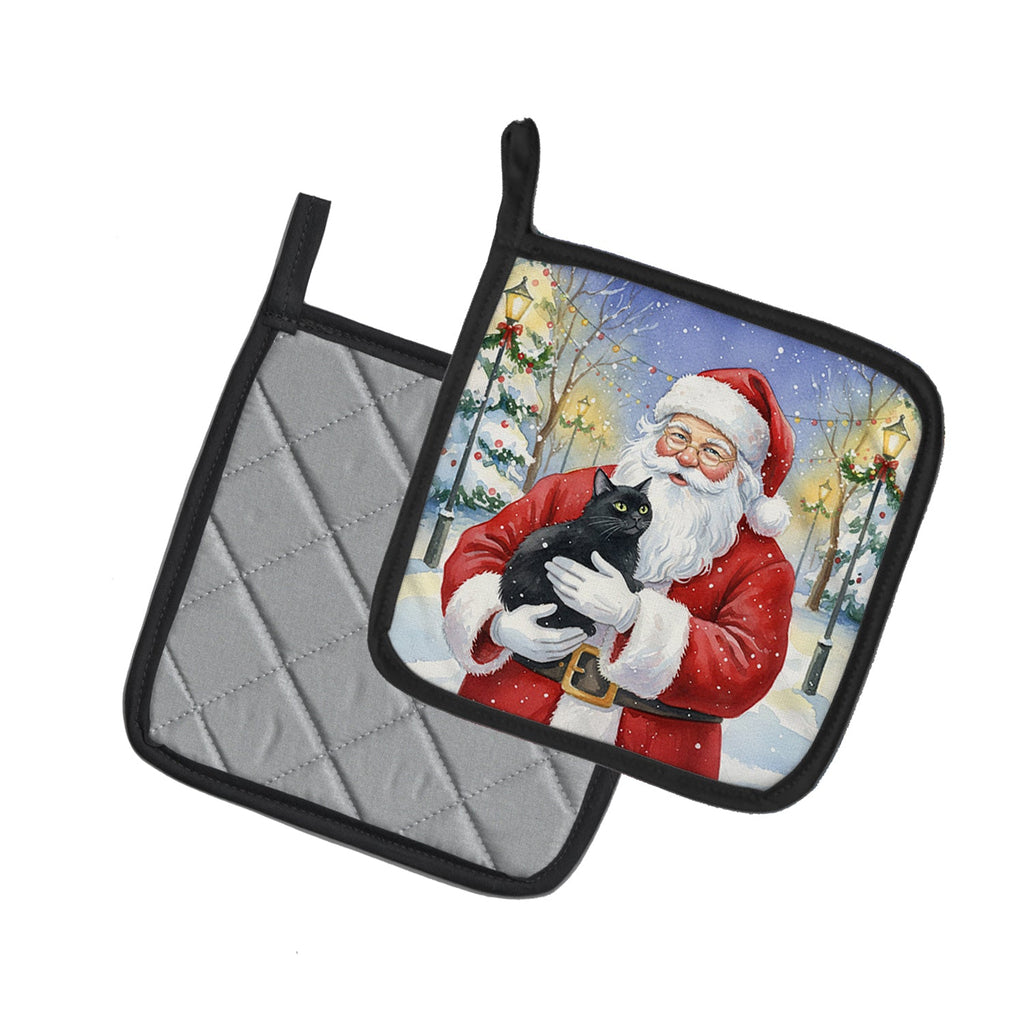 Black Cat with Santa Claus Pot Holder Set of 2 Heat Resistant Quilted Hot Pads 7.5 x 7.5 Inch, Insulated Kitchen Trivets for Cooking & Baking