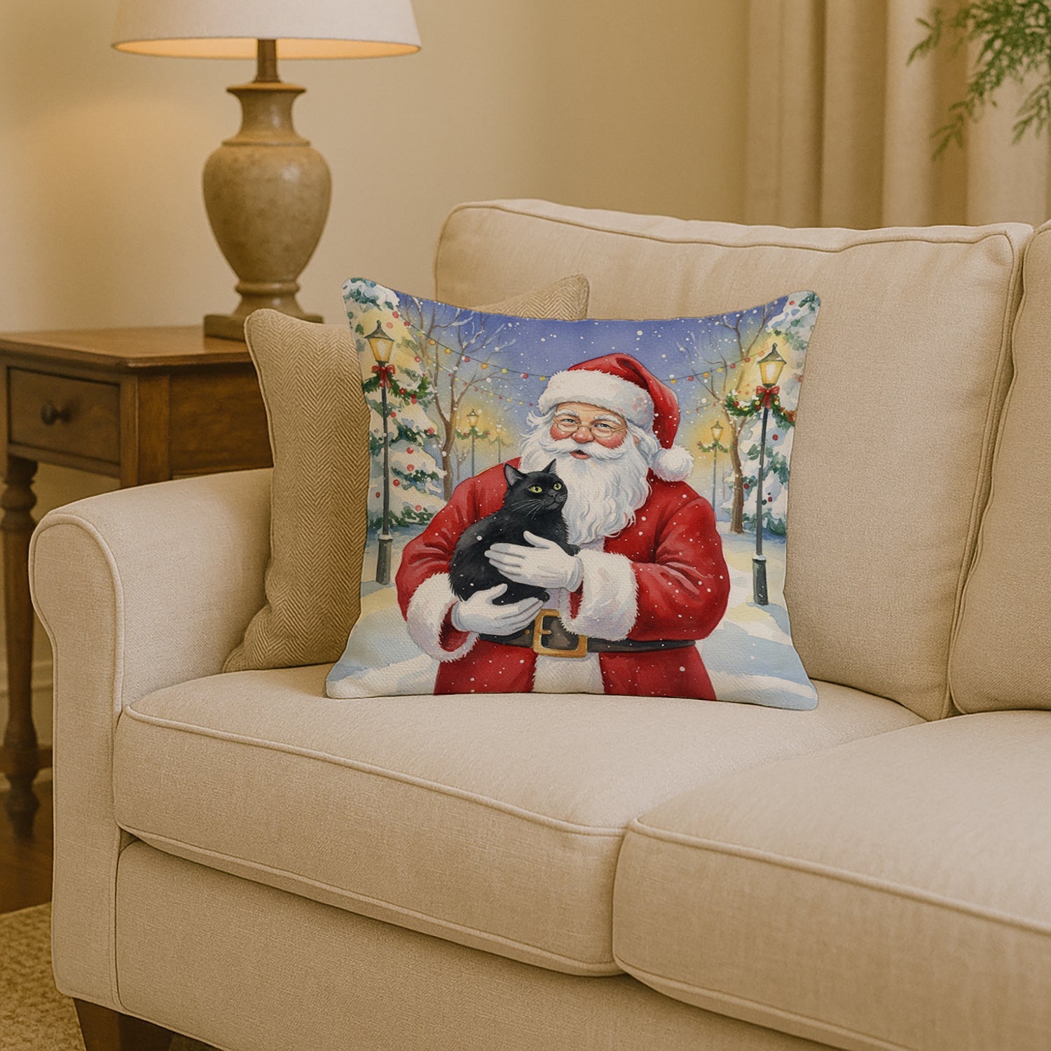 Black Cat with Santa Claus Decorative Throw Pillow 14x14 Indoor Outdoor Accent Cushion, Fabric Cover with Insert for Sofa, Bed, Porch & Living Room