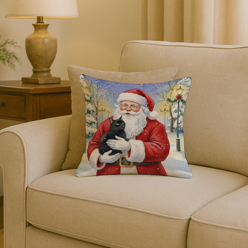 Black Cat with Santa Claus Decorative Throw Pillow 18x18 Indoor Outdoor Accent Cushion, Fabric Cover with Insert for Sofa, Bed, Porch & Living Room