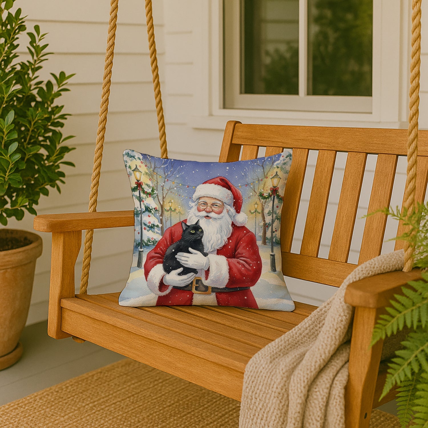Black Cat with Santa Claus Decorative Throw Pillow 18x18 Indoor Outdoor Accent Cushion, Fabric Cover with Insert for Sofa, Bed, Porch & Living Room