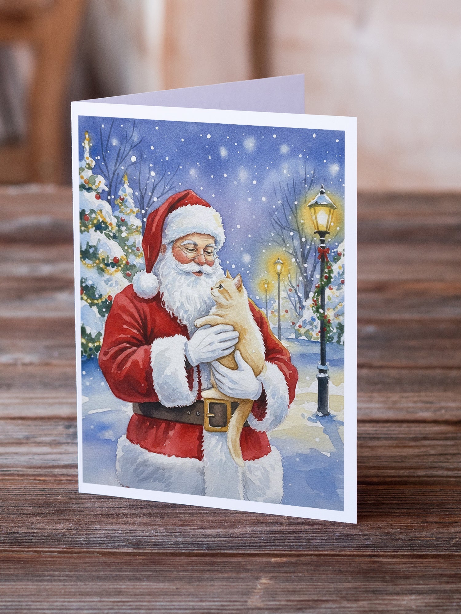 Cream Cat with Santa Claus Greeting Cards Pack of 8 Blank Cards with Envelopes Whimsical A7 Size 5x7