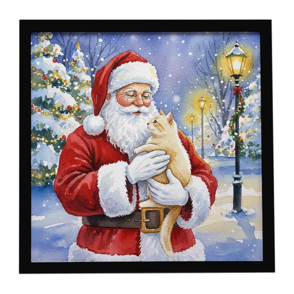 Cream Cat with Santa Claus Framed Metal Print Bathroom, Kitchen, Office, Home Decor Wall Art Ready to Hang, Square, 8X8