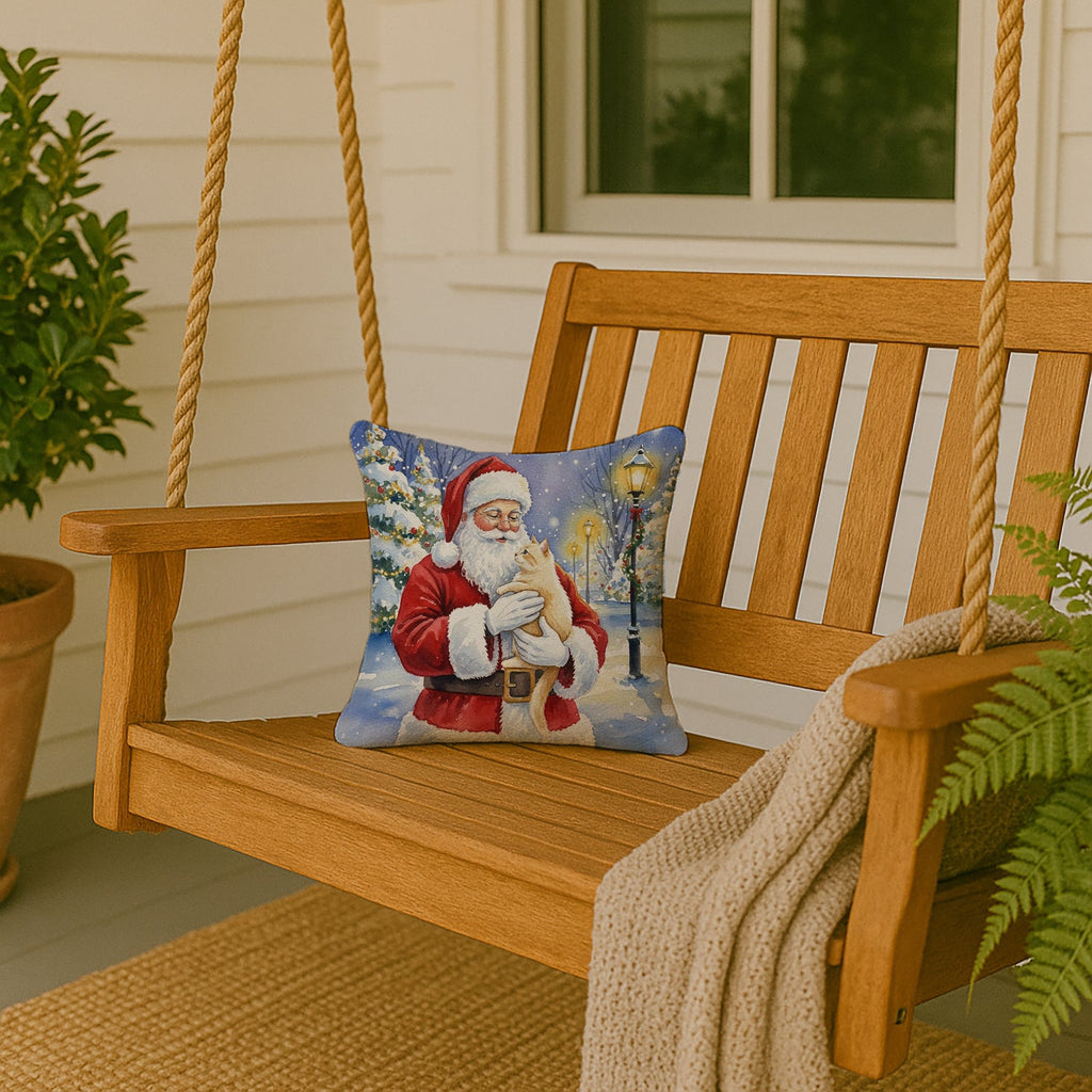 Cream Cat with Santa Claus Decorative Throw Pillow 14x14 Indoor Outdoor Accent Cushion, Fabric Cover with Insert for Sofa, Bed, Porch & Living Room
