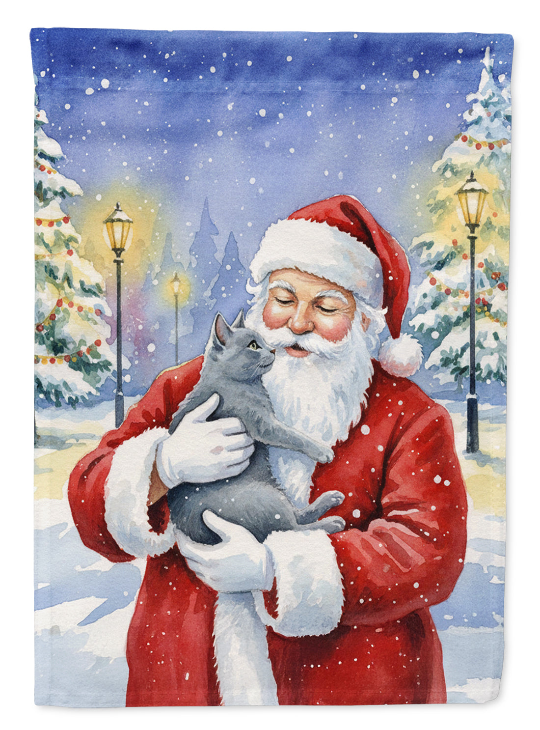 Gray Cat with Santa Claus House Flag 28x40 Porch Sleeve Pole Decorative Outside Yard Banner Artwork Wall Hanging, Polyester