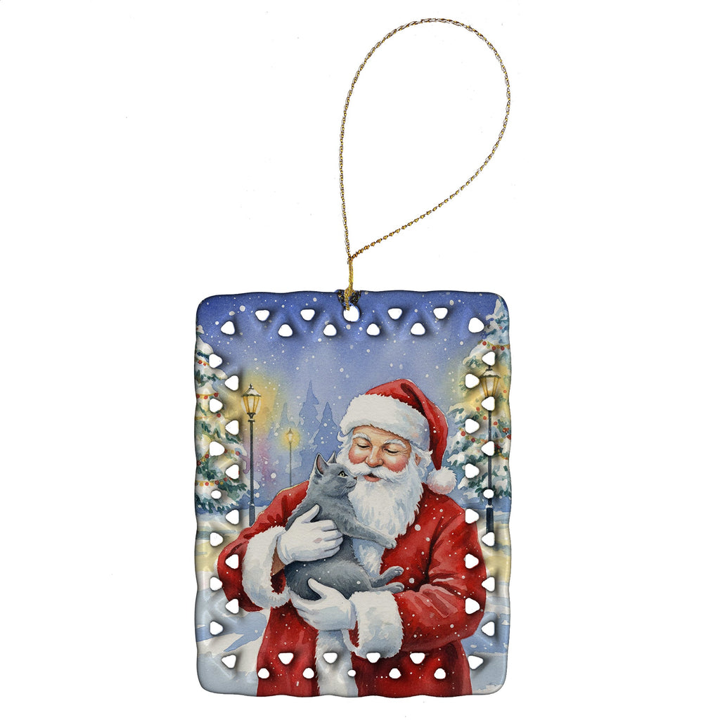 Gray Cat with Santa Claus Porcelain Ornament Christmas Tree Hanging Decorations for Home Christmas Holiday, Rectangle, Gift, Multicolor