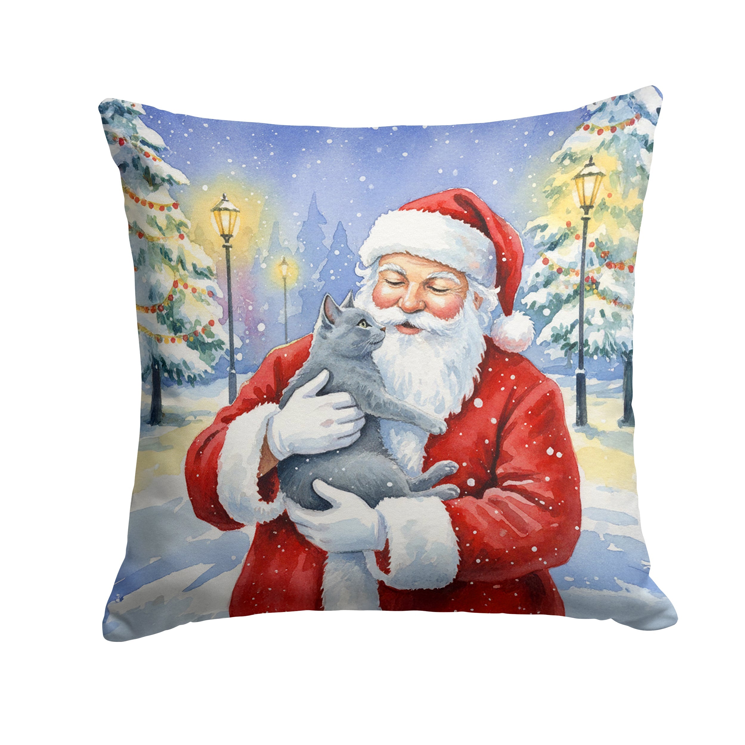 Gray Cat with Santa Claus Decorative Throw Pillow 14x14 Indoor Outdoor Accent Cushion, Fabric Cover with Insert for Sofa, Bed, Porch & Living Room