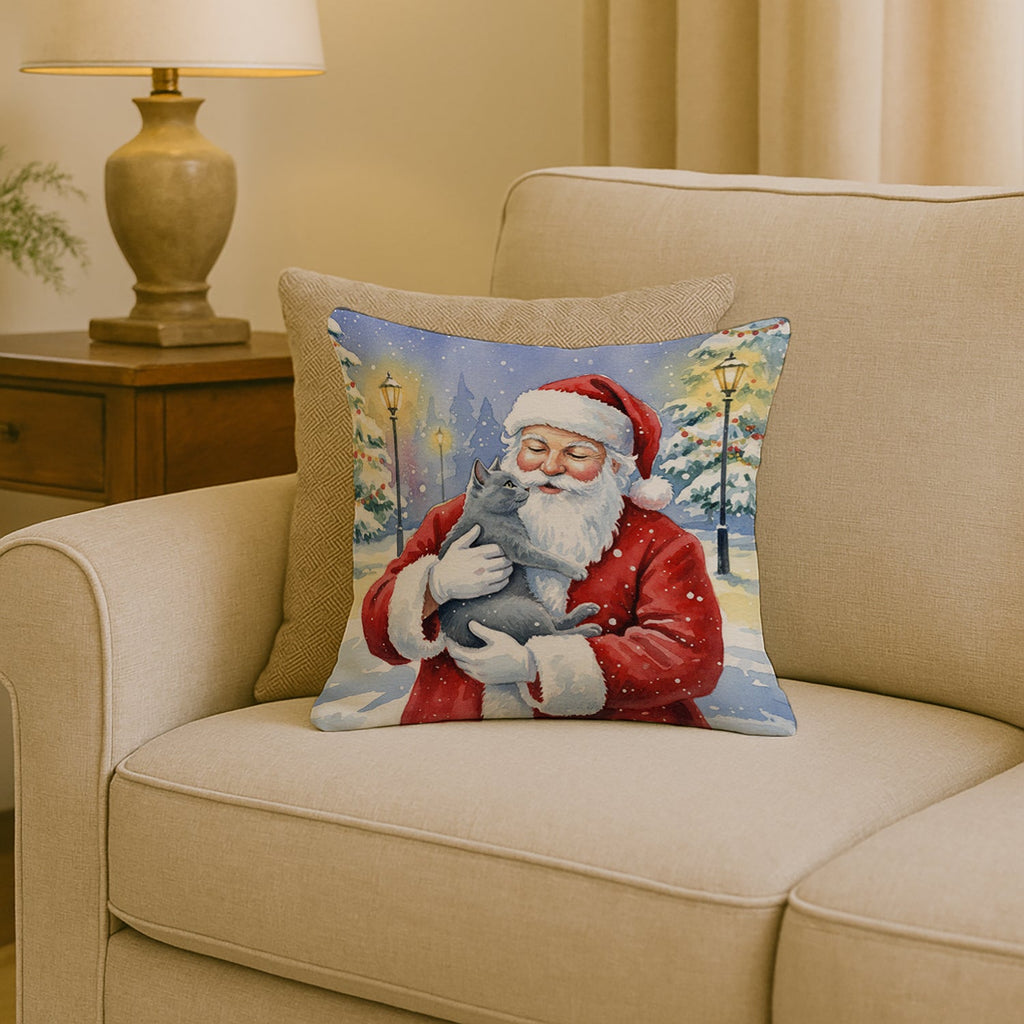 Gray Cat with Santa Claus Decorative Throw Pillow 18x18 Indoor Outdoor Accent Cushion, Fabric Cover with Insert for Sofa, Bed, Porch & Living Room