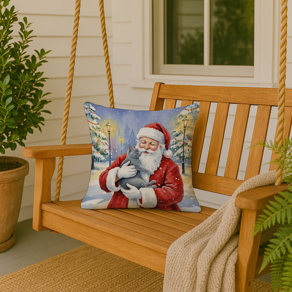 Gray Cat with Santa Claus Decorative Throw Pillow 18x18 Indoor Outdoor Accent Cushion, Fabric Cover with Insert for Sofa, Bed, Porch & Living Room