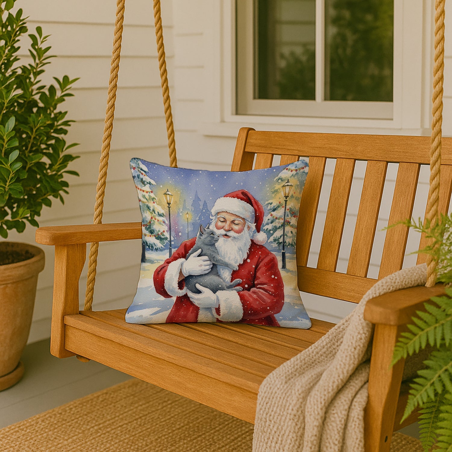 Gray Cat with Santa Claus Decorative Throw Pillow 18x18 Indoor Outdoor Accent Cushion, Fabric Cover with Insert for Sofa, Bed, Porch & Living Room