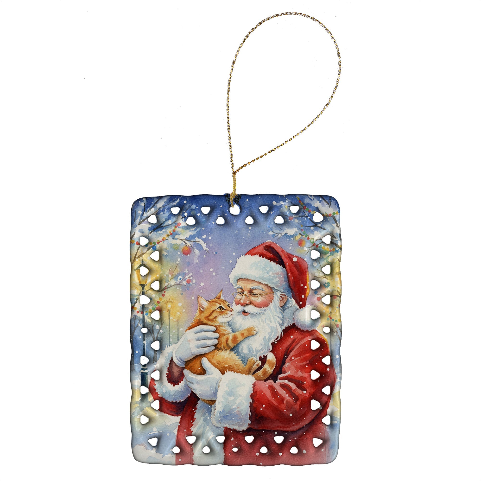 Red Ginger Cat with Santa Claus Porcelain Ornament Christmas Tree Hanging Decorations for Home Christmas Holiday, Rectangle, Gift, Multicolor