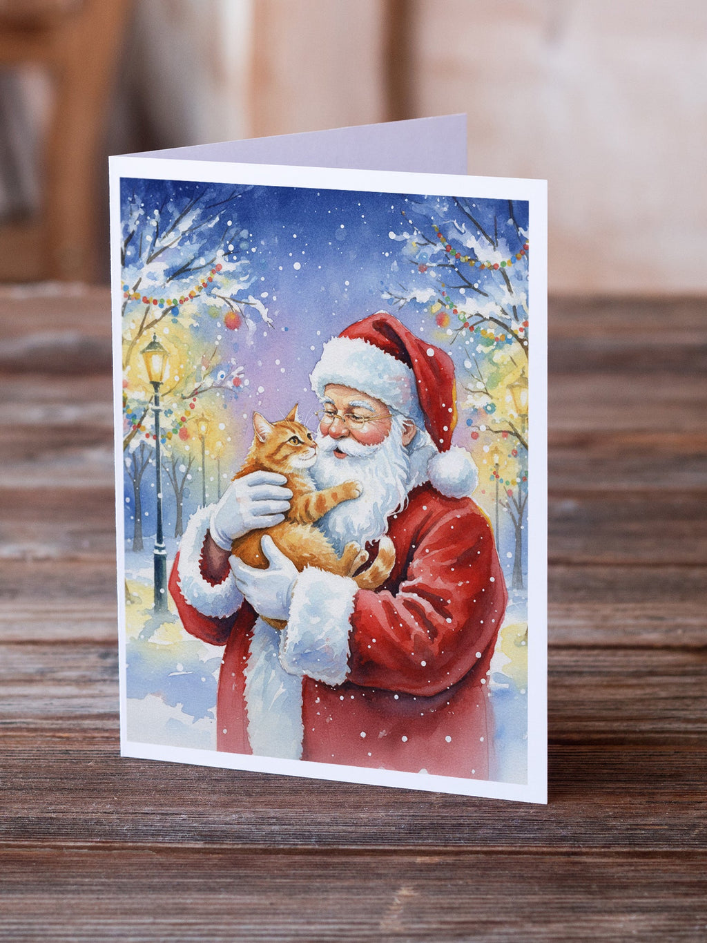 Red Ginger Cat with Santa Claus Greeting Cards Pack of 8 Blank Cards with Envelopes Whimsical A7 Size 5x7