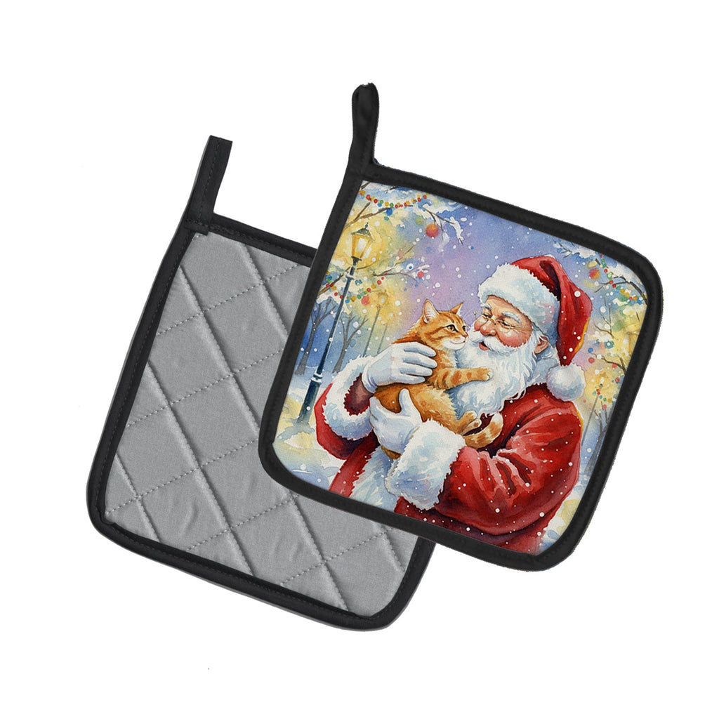 Red Ginger Cat with Santa Claus Pot Holder Set of 2 Heat Resistant Quilted Hot Pads 7.5 x 7.5 Inch, Insulated Kitchen Trivets for Cooking & Baking