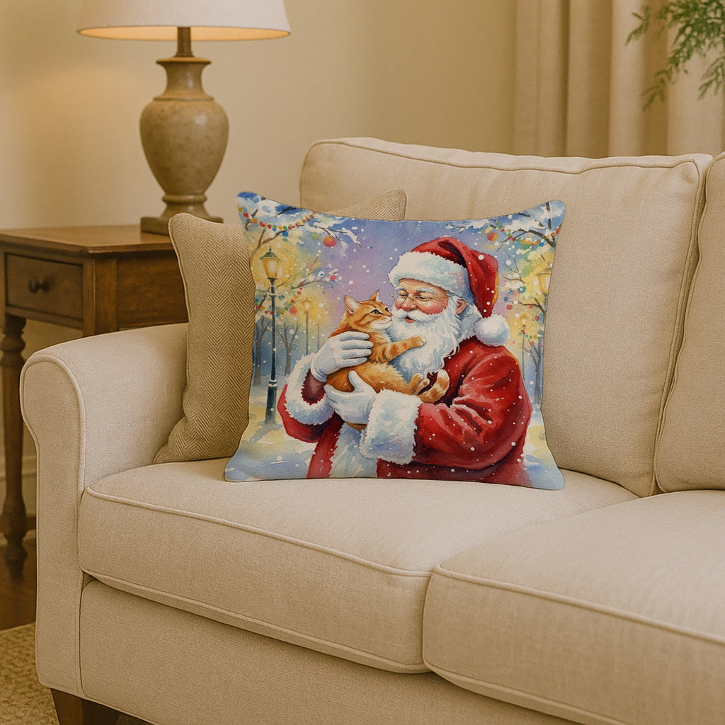 Red Ginger Cat with Santa Claus Decorative Throw Pillow 14x14 Indoor Outdoor Accent Cushion, Fabric Cover with Insert for Sofa, Bed, Porch & Living Room