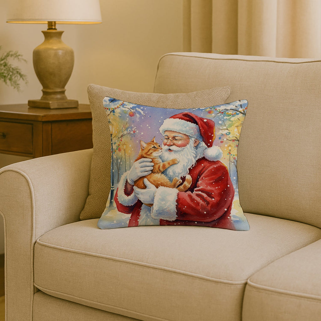 Red Ginger Cat with Santa Claus Decorative Throw Pillow 18x18 Indoor Outdoor Accent Cushion, Fabric Cover with Insert for Sofa, Bed, Porch & Living Room