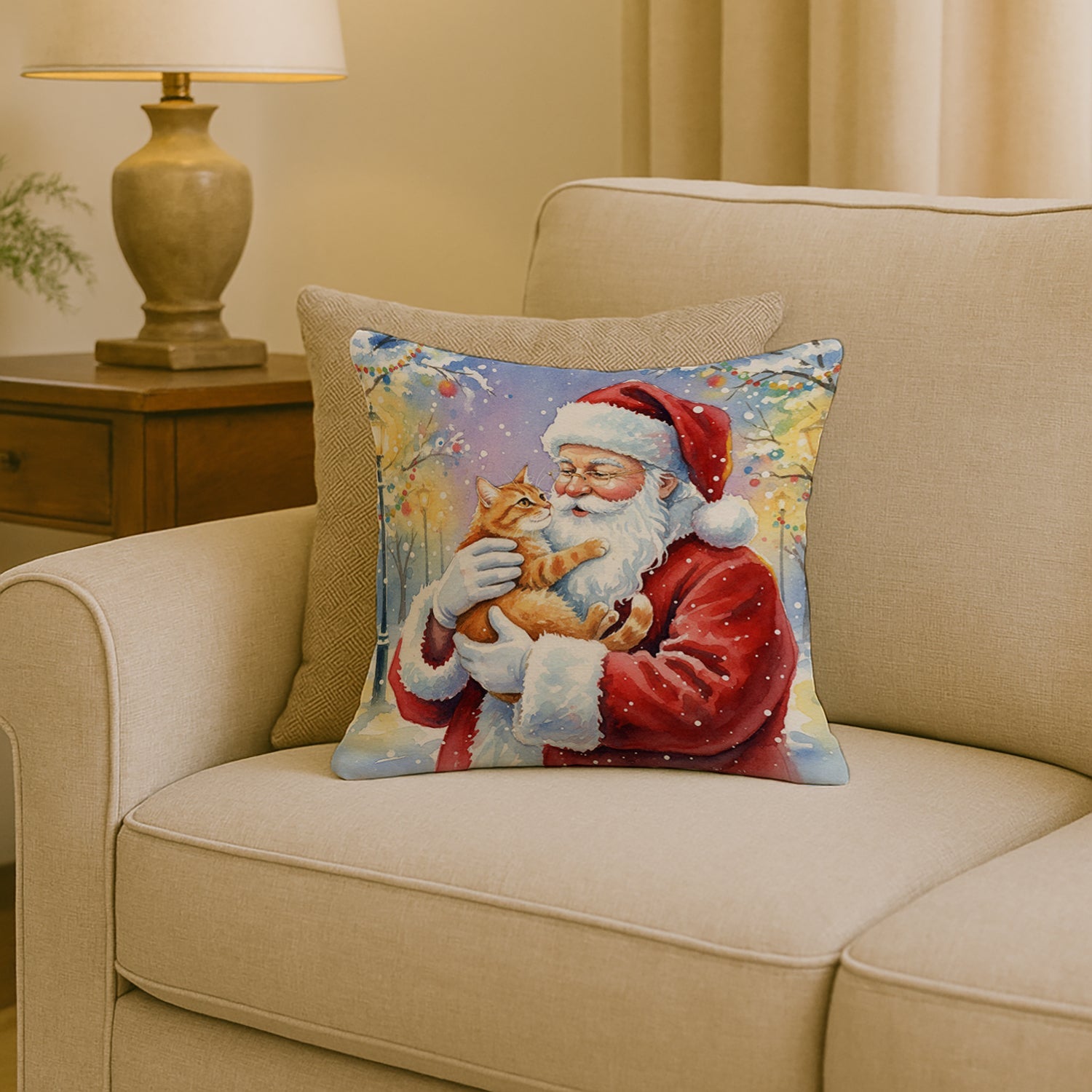 Red Ginger Cat with Santa Claus Decorative Throw Pillow 18x18 Indoor Outdoor Accent Cushion, Fabric Cover with Insert for Sofa, Bed, Porch & Living Room