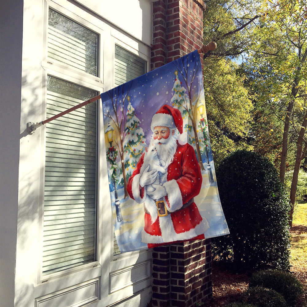 White Cat with Santa Claus House Flag 28x40 Porch Sleeve Pole Decorative Outside Yard Banner Artwork Wall Hanging, Polyester