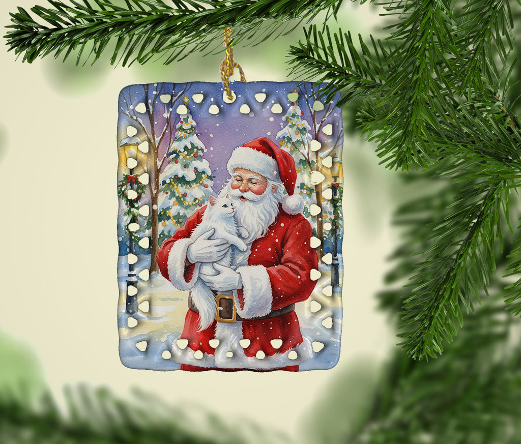 White Cat with Santa Claus Porcelain Ornament Christmas Tree Hanging Decorations for Home Christmas Holiday, Rectangle, Gift, Multicolor