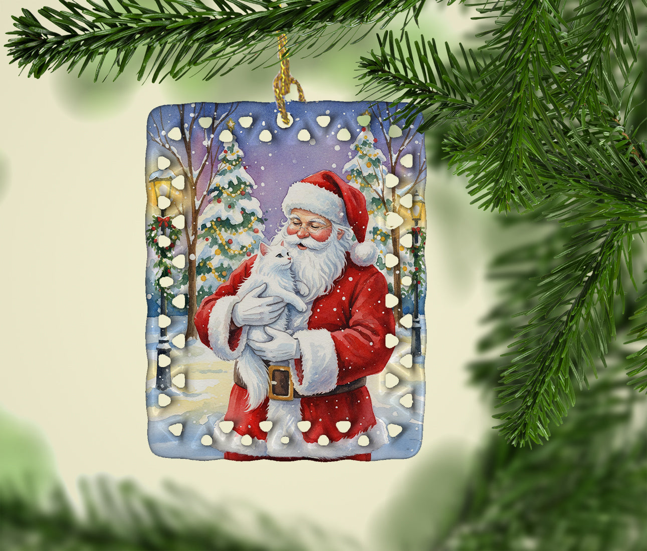 White Cat with Santa Claus Porcelain Ornament Christmas Tree Hanging Decorations for Home Christmas Holiday, Rectangle, Gift, Multicolor
