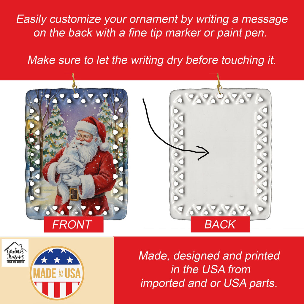 White Cat with Santa Claus Porcelain Ornament Christmas Tree Hanging Decorations for Home Christmas Holiday, Rectangle, Gift, Multicolor