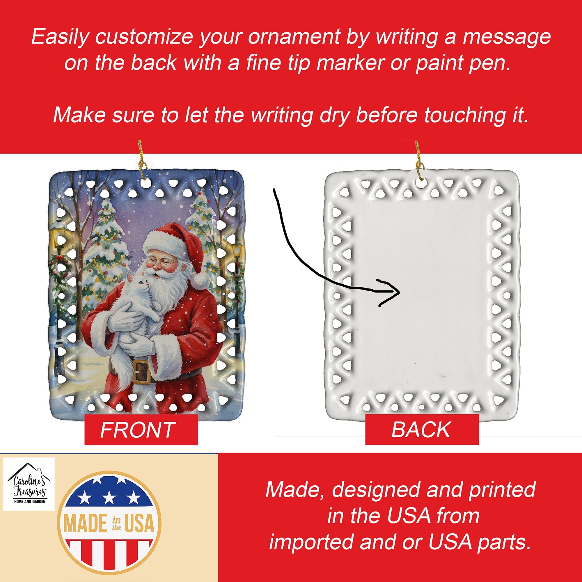 White Cat with Santa Claus Porcelain Ornament Christmas Tree Hanging Decorations for Home Christmas Holiday, Rectangle, Gift, Multicolor
