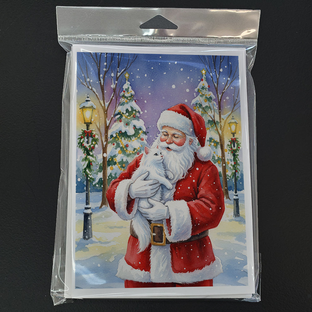 White Cat with Santa Claus Greeting Cards Pack of 8 Blank Cards with Envelopes Whimsical A7 Size 5x7
