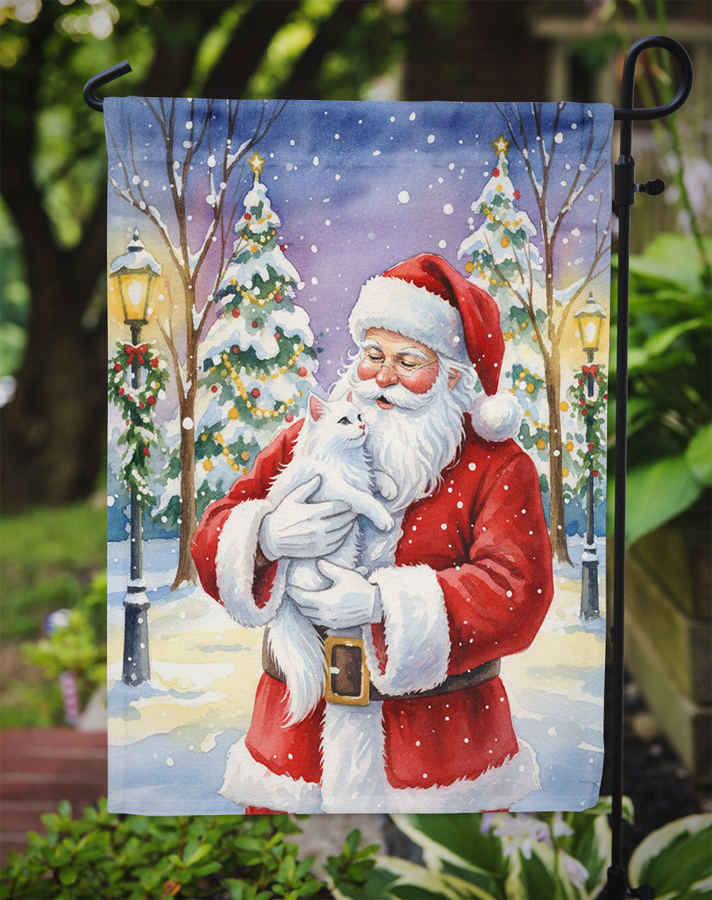 White Cat with Santa Claus Garden Flag Mailbox Decorative Yard Banner Outside Patio Artwork for Flower Beds, Garden Size, Multicolor