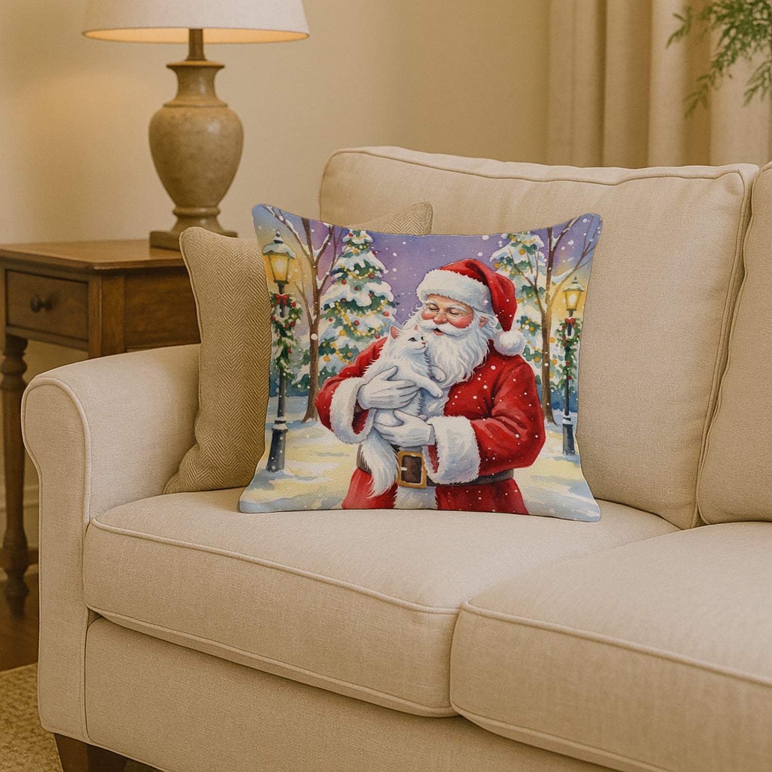 White Cat with Santa Claus Decorative Throw Pillow 14x14 Indoor Outdoor Accent Cushion, Fabric Cover with Insert for Sofa, Bed, Porch & Living Room