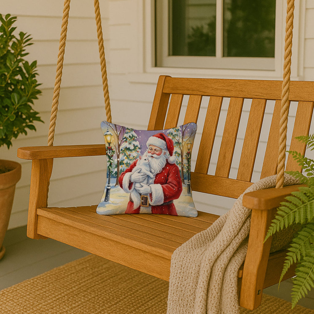 White Cat with Santa Claus Decorative Throw Pillow 14x14 Indoor Outdoor Accent Cushion, Fabric Cover with Insert for Sofa, Bed, Porch & Living Room