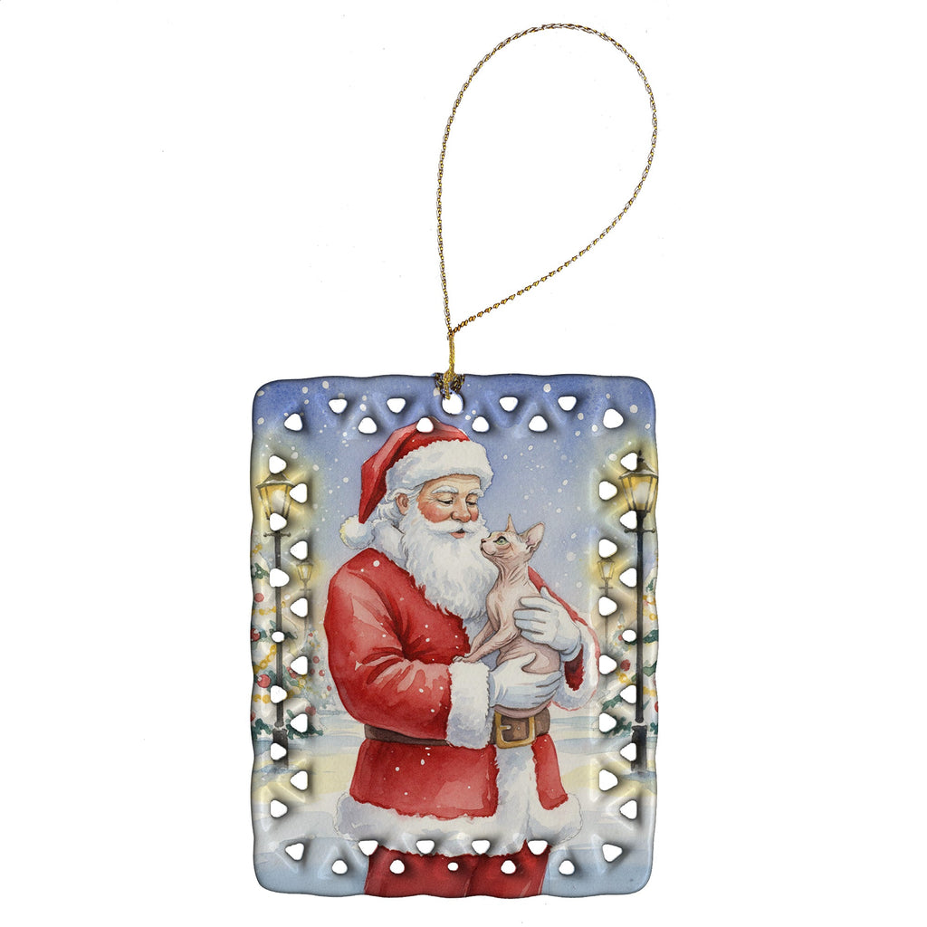 Sphynx Cat with Santa Claus Porcelain Ornament Christmas Tree Hanging Decorations for Home Christmas Holiday, Rectangle, Gift, Multicolor