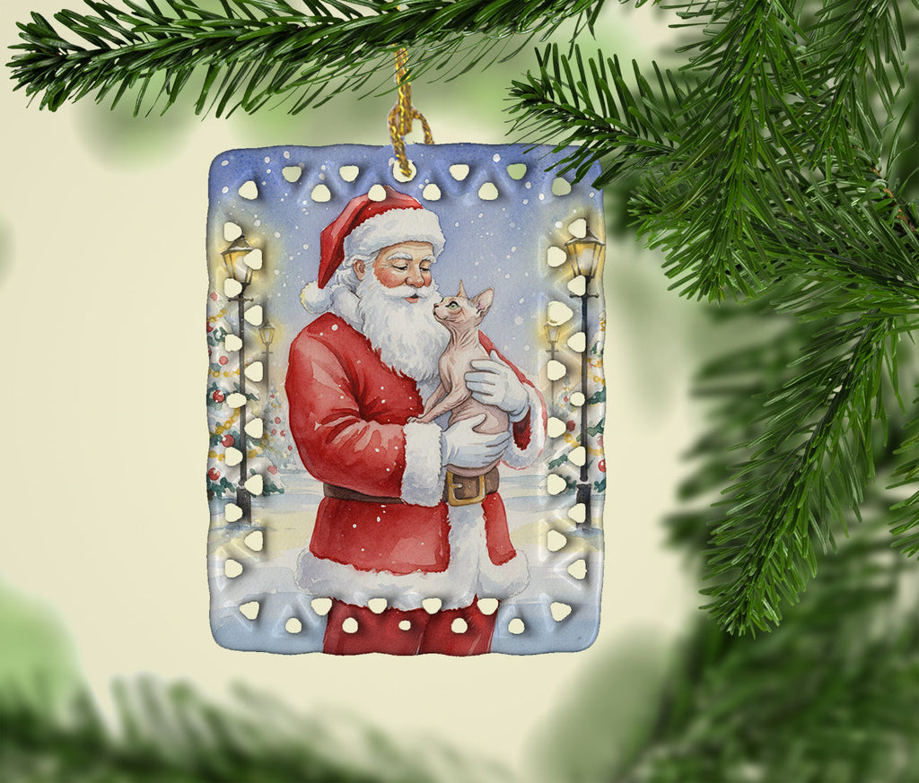 Sphynx Cat with Santa Claus Porcelain Ornament Christmas Tree Hanging Decorations for Home Christmas Holiday, Rectangle, Gift, Multicolor