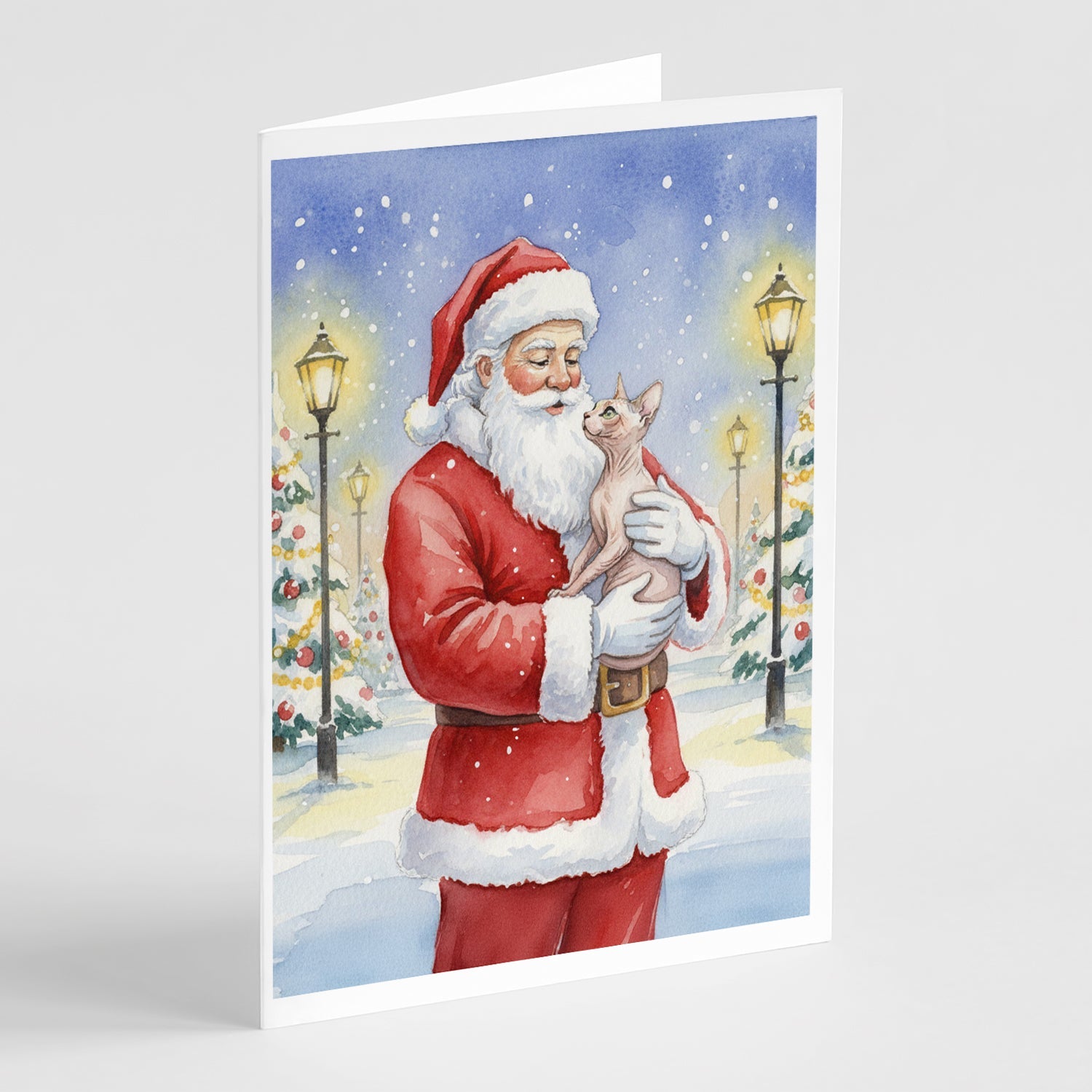 Sphynx Cat with Santa Claus Greeting Cards Pack of 8 Blank Cards with Envelopes Whimsical A7 Size 5x7