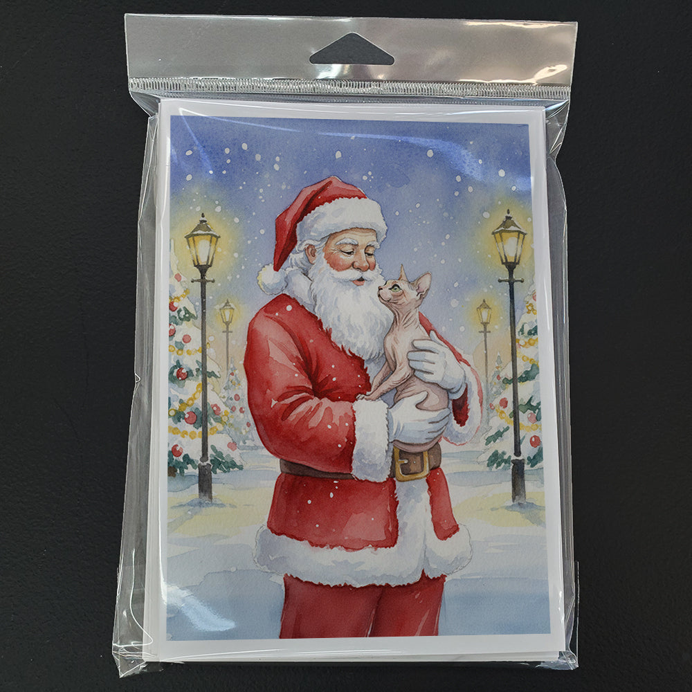 Sphynx Cat with Santa Claus Greeting Cards Pack of 8 Blank Cards with Envelopes Whimsical A7 Size 5x7
