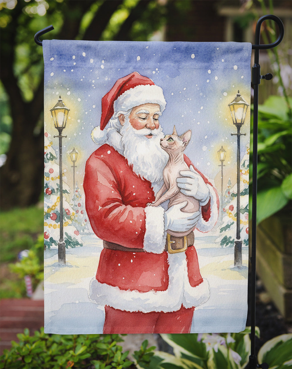 Sphynx Cat with Santa Claus Garden Flag Mailbox Decorative Yard Banner Outside Patio Artwork for Flower Beds, Garden Size, Multicolor