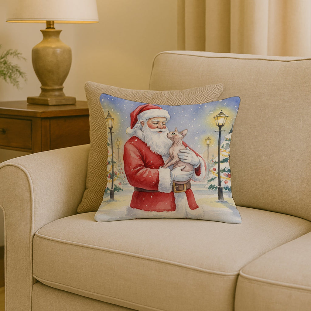 Sphynx Cat with Santa Claus Decorative Throw Pillow 18x18 Indoor Outdoor Accent Cushion, Fabric Cover with Insert for Sofa, Bed, Porch & Living Room