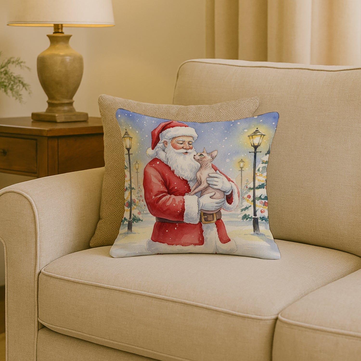 Sphynx Cat with Santa Claus Decorative Throw Pillow 18x18 Indoor Outdoor Accent Cushion, Fabric Cover with Insert for Sofa, Bed, Porch & Living Room