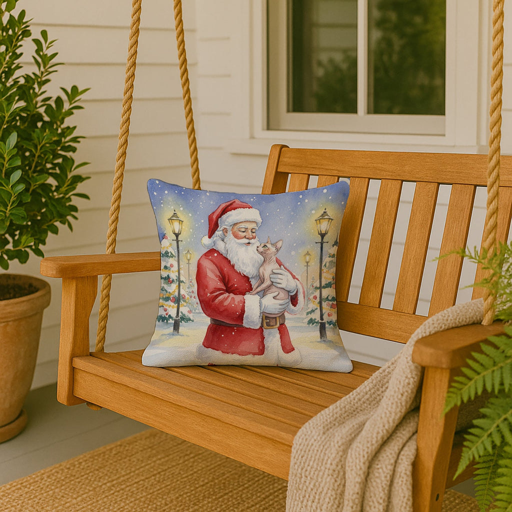 Sphynx Cat with Santa Claus Decorative Throw Pillow 18x18 Indoor Outdoor Accent Cushion, Fabric Cover with Insert for Sofa, Bed, Porch & Living Room