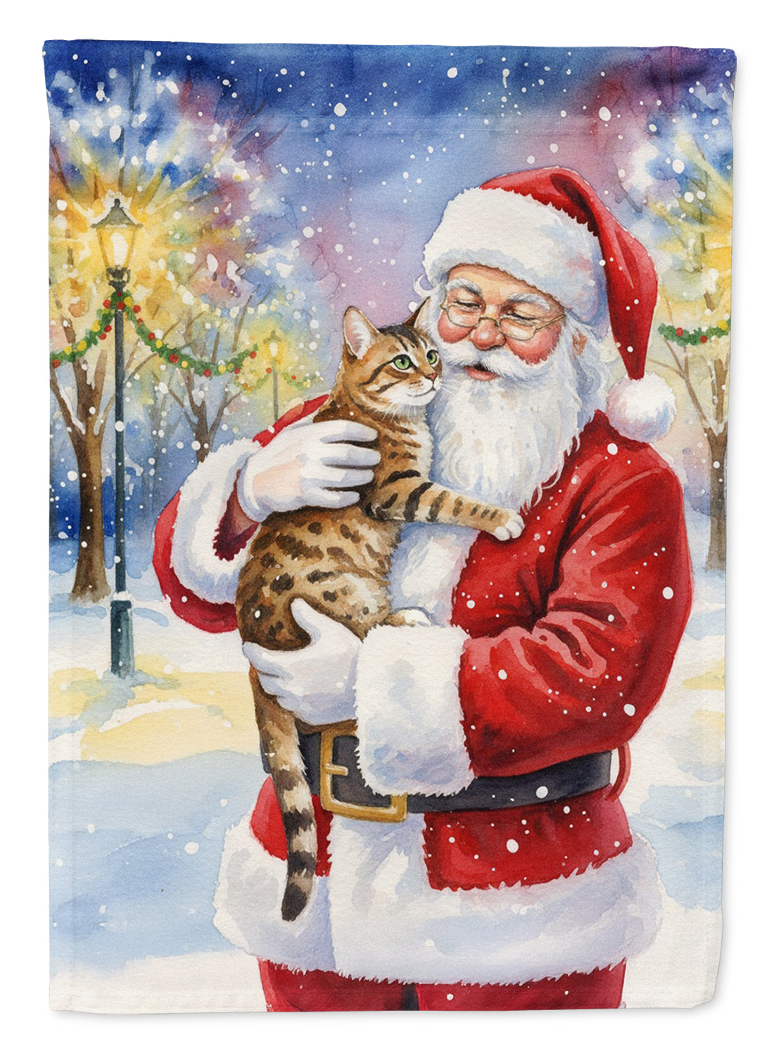 Spotted Tabby Brown Cat with Santa Claus House Flag 28x40 Porch Sleeve Pole Decorative Outside Yard Banner Artwork Wall Hanging, Polyester