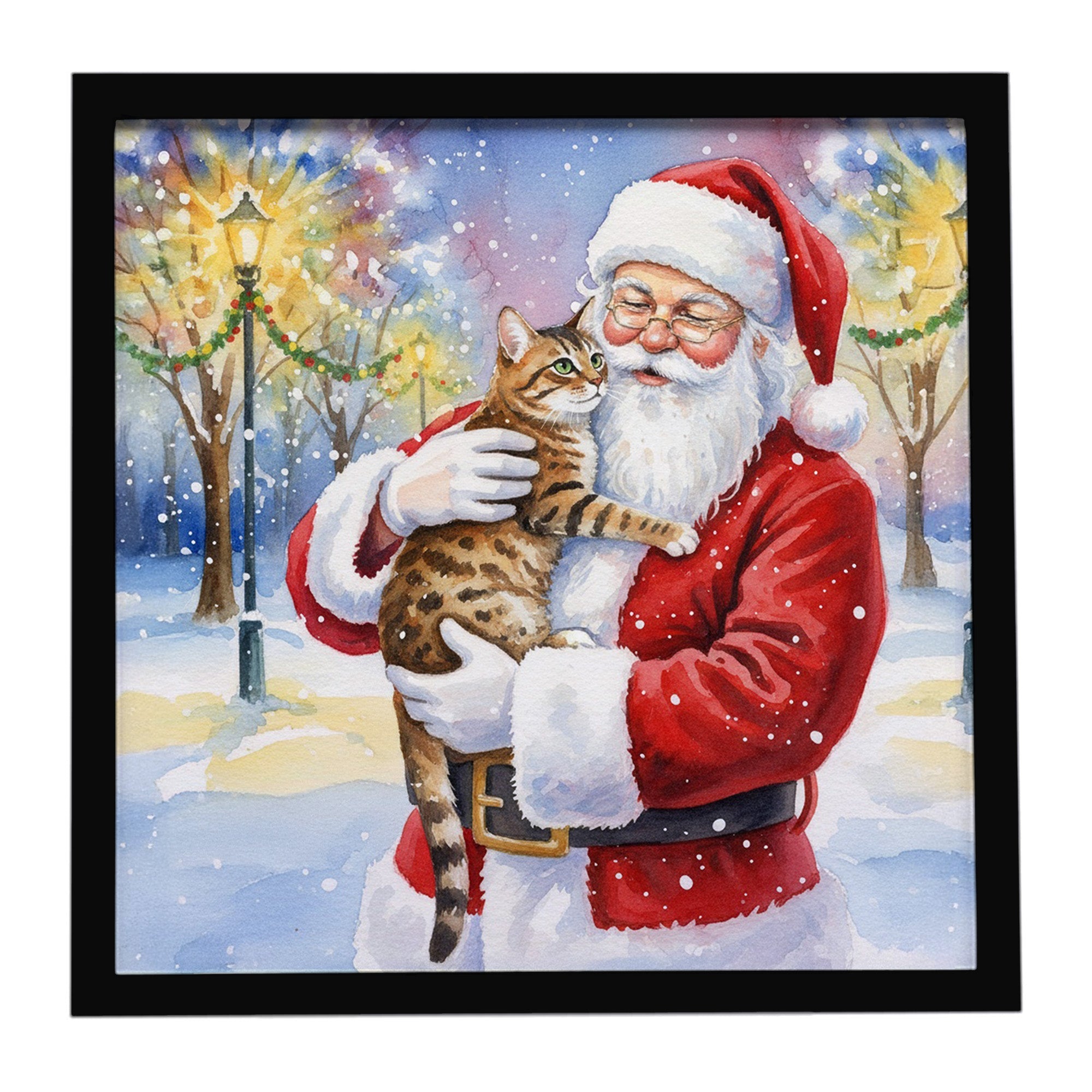 Spotted Tabby Brown Cat with Santa Claus Framed Metal Print Bathroom, Kitchen, Office, Home Decor Wall Art Ready to Hang, Square, 8X8