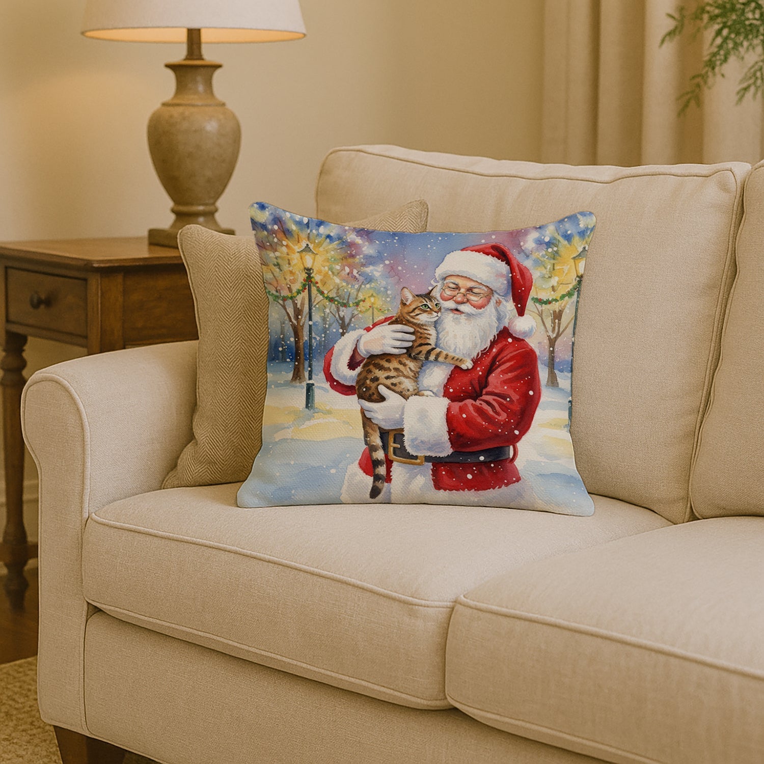 Spotted Tabby Brown Cat with Santa Claus Decorative Throw Pillow 14x14 Indoor Outdoor Accent Cushion, Fabric Cover with Insert for Sofa, Bed, Porch & Living Room
