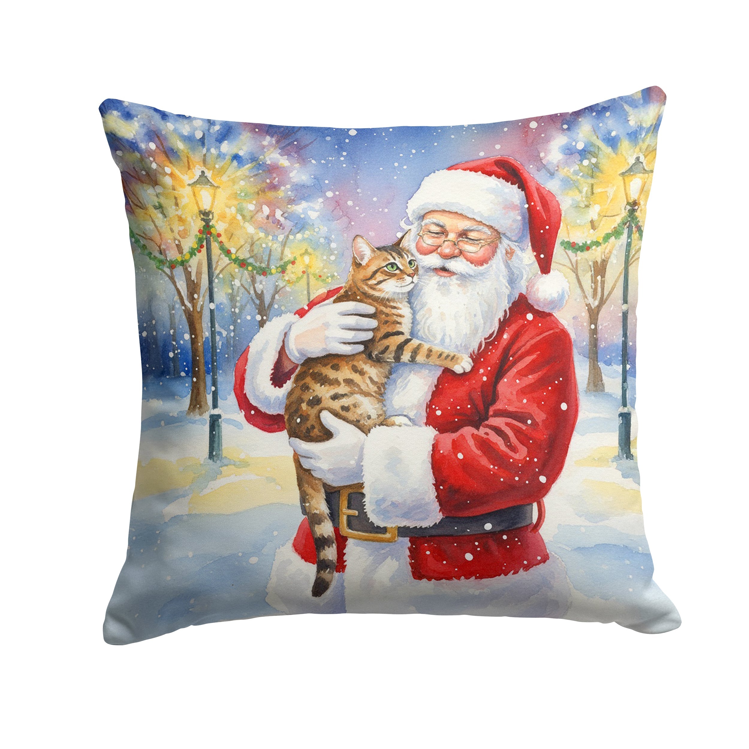 Spotted Tabby Brown Cat with Santa Claus Decorative Throw Pillow 18x18 Indoor Outdoor Accent Cushion, Fabric Cover with Insert for Sofa, Bed, Porch & Living Room