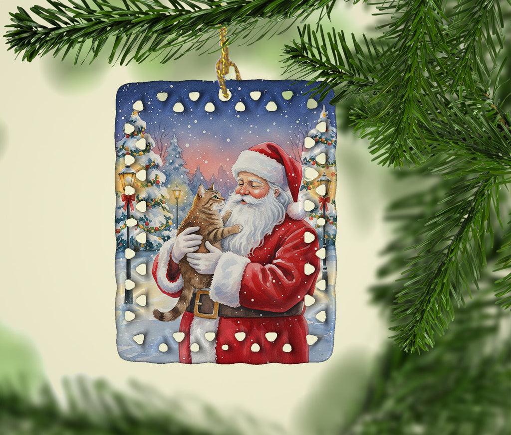 Ticked Tabby Brown Cat with Santa Claus Porcelain Ornament Christmas Tree Hanging Decorations for Home Christmas Holiday, Rectangle, Gift, Multicolor